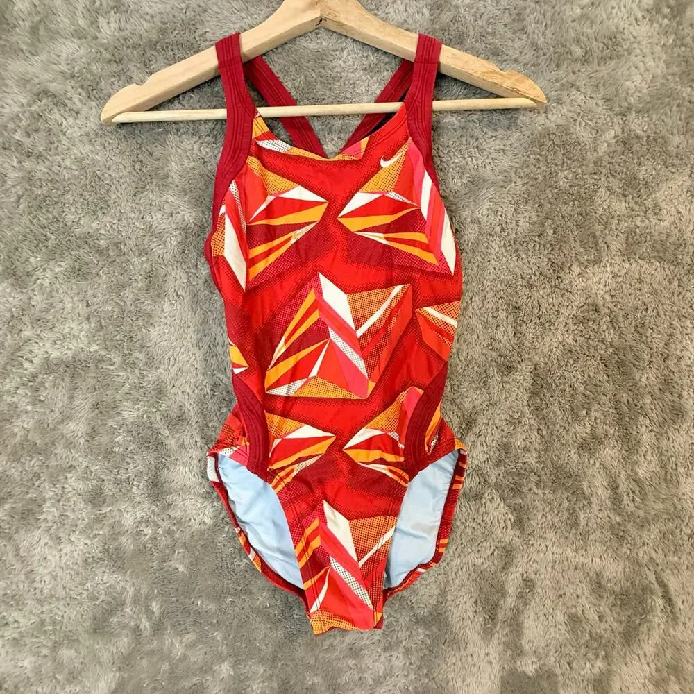 Nike Swimsuit Jagged Geo Red Orange Swimsuit One Piece Racerback 28 Girls 12